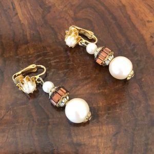 Pearl and amber gold earrings- clip on